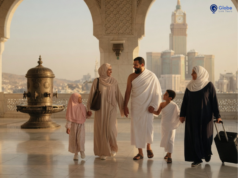 Family stands in front of Makkah.